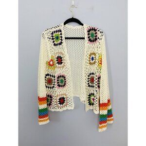 Shein Crochet Granny Square Cardigan Womens Large  Open Multicolor Boho Cottage